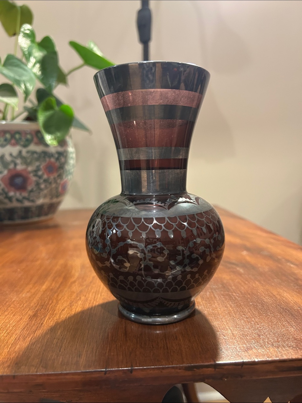 Vintage Amethyst Glass Bud Vase with Silver Overlay